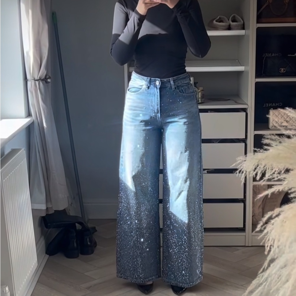NWT Edgy Little Pieces Blue Sparkly Wide Leg Jeans